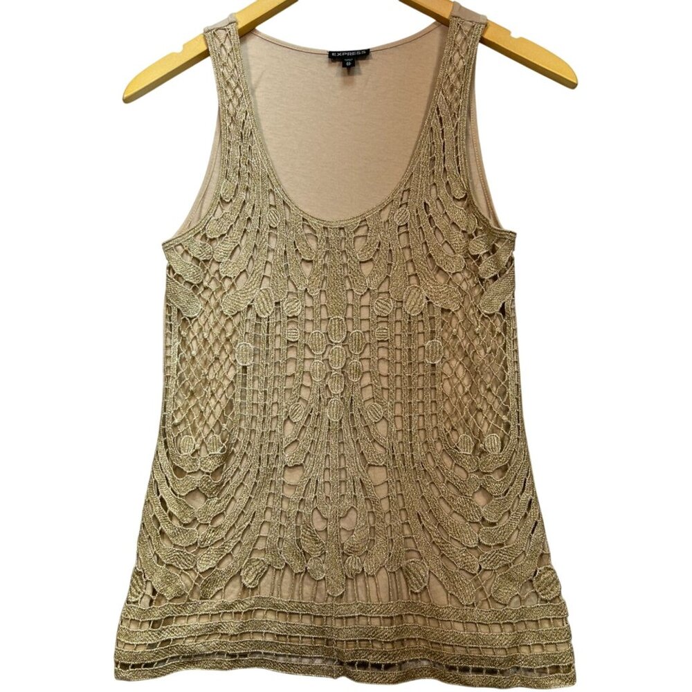 Express Women's Y2K Metallic Crochet Tank Top Sleeveless Stretch Size XS Gold